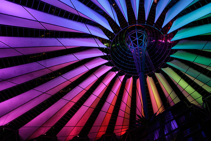 The ceiling of Sony Center at Berlin, Germany well-lit with Philips LED floodlighting fixtures
