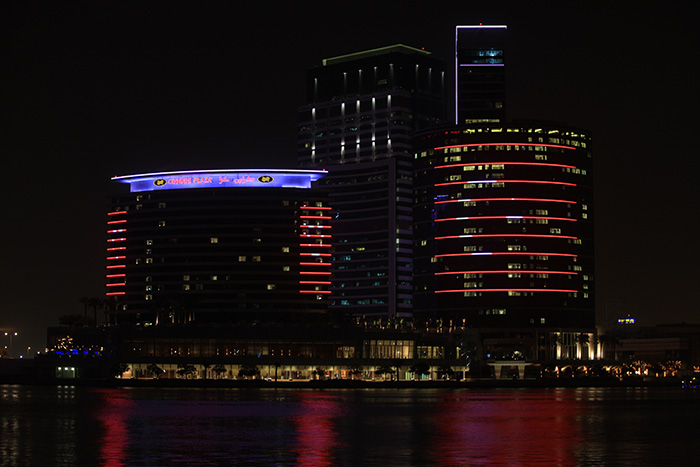 Colourful façade at Intercontinental Hotel at Dubai illuminated with Philips LED lighting 